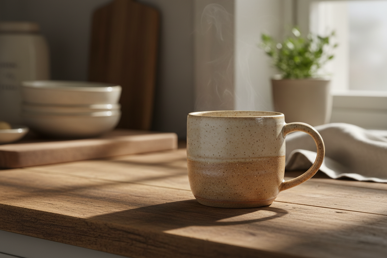 A beige speckled ceramic mug on a wooden kitchen counter, soft natural light, warm cozy kitchen aesthetic, handcrafted pottery feel.
