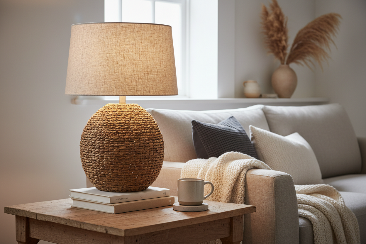 A cozy woven table lamp with a natural fiber base and a soft beige linen shade, styled on a wooden side table with warm lighting, neutral home décor aesthetic.
