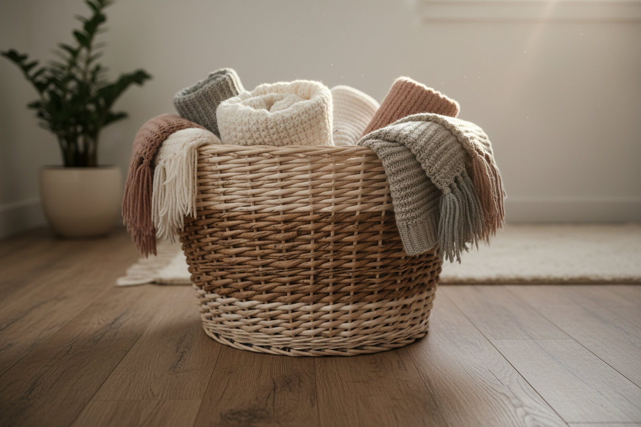 A handwoven wicker storage basket on a wooden floor with folded blankets inside, warm cozy lighting, neutral home décor aesthetic.