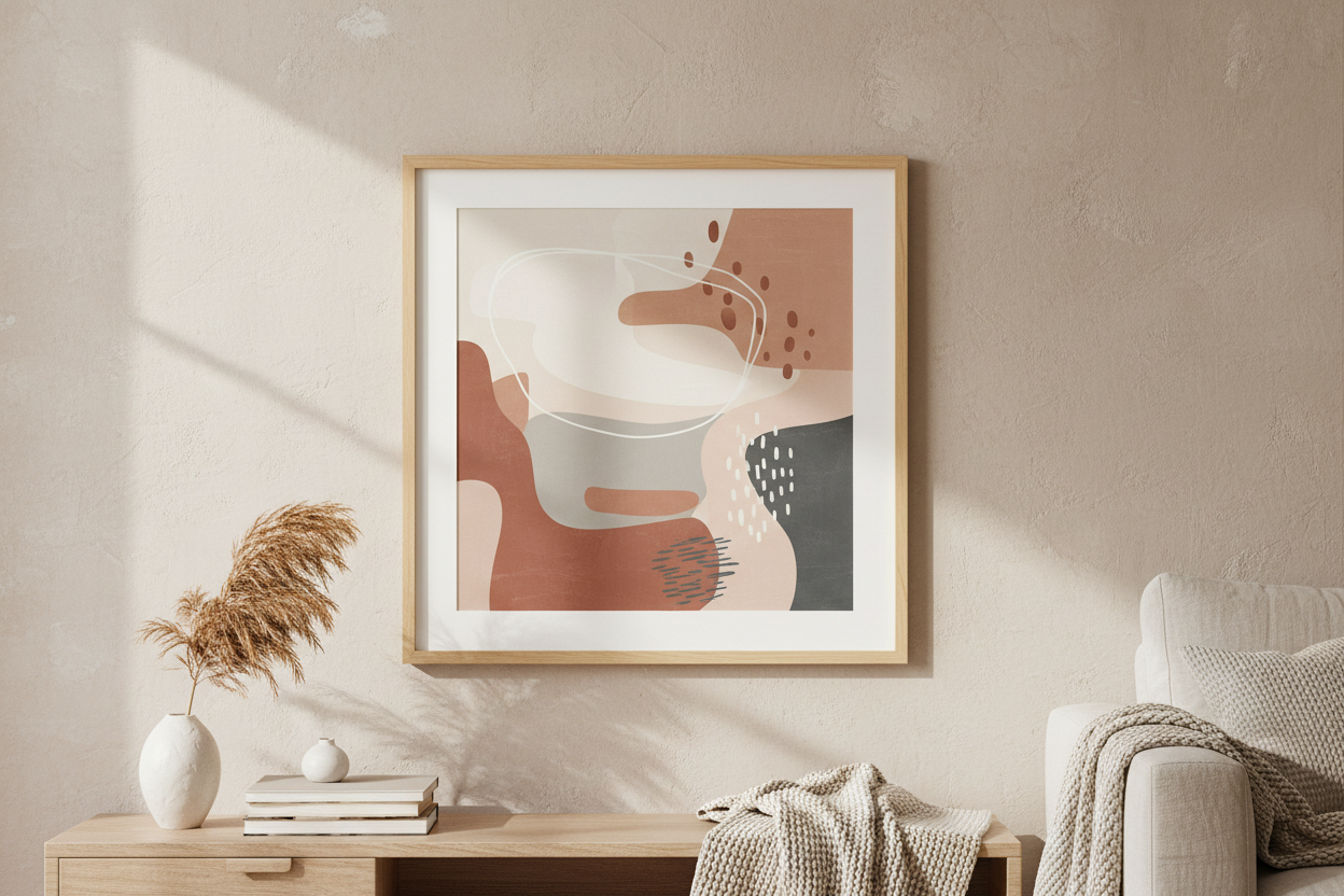 A neutral abstract art print in a light wooden frame hanging on a beige wall, soft natural lighting, minimalist modern cozy home décor aesthetic.