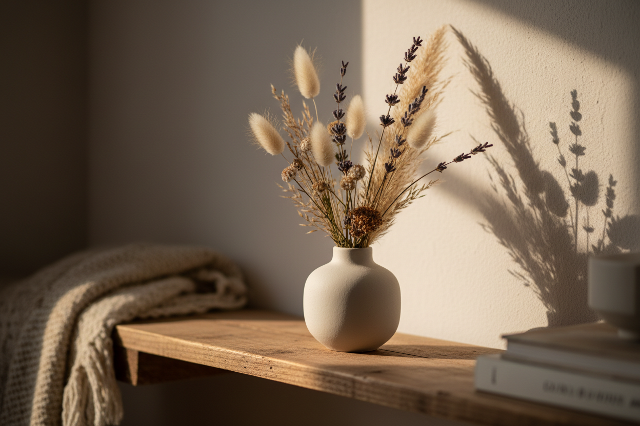 A small matte neutral ceramic vase on a wooden shelf with dried florals, warm soft lighting, minimalist cozy décor scene.