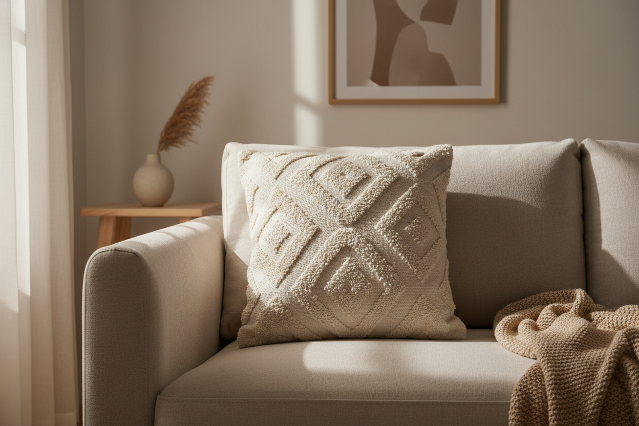 A textured cream pillow with raised stitching on a cozy beige sofa, soft natural light, neutral home décor background, minimalist cozy aesthetic.
