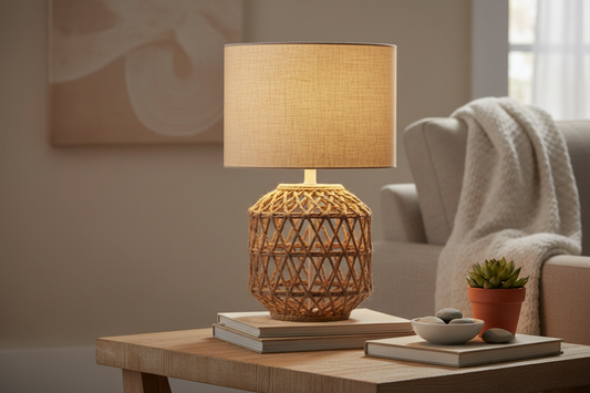 A cozy woven table lamp with a natural fiber base and a soft beige linen shade, styled on a wooden side table with warm lighting, neutral home décor aesthetic.
