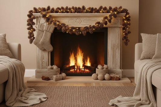 A natural pinecone garland laid across a wooden mantle with warm glowing lights, neutral holiday décor, soft cozy atmosphere, beige and brown tones.
