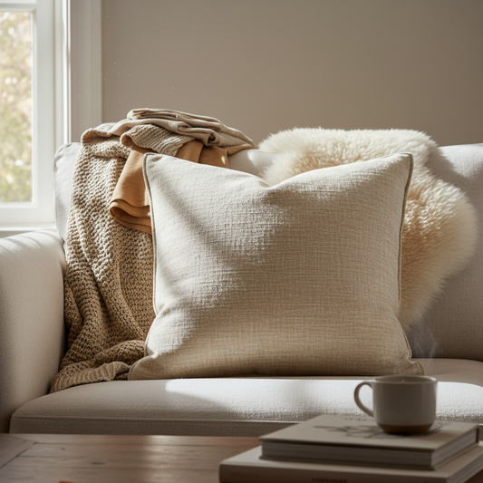 A neutral, textured pillow that layers effortlessly into cozy, inviting home décor.