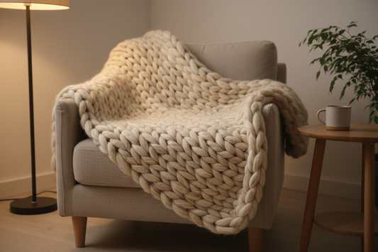 A soft chunky knit throw blanket draped over a beige armchair, neutral tones, cozy warm lighting, textured yarn, minimalist cozy home style.
