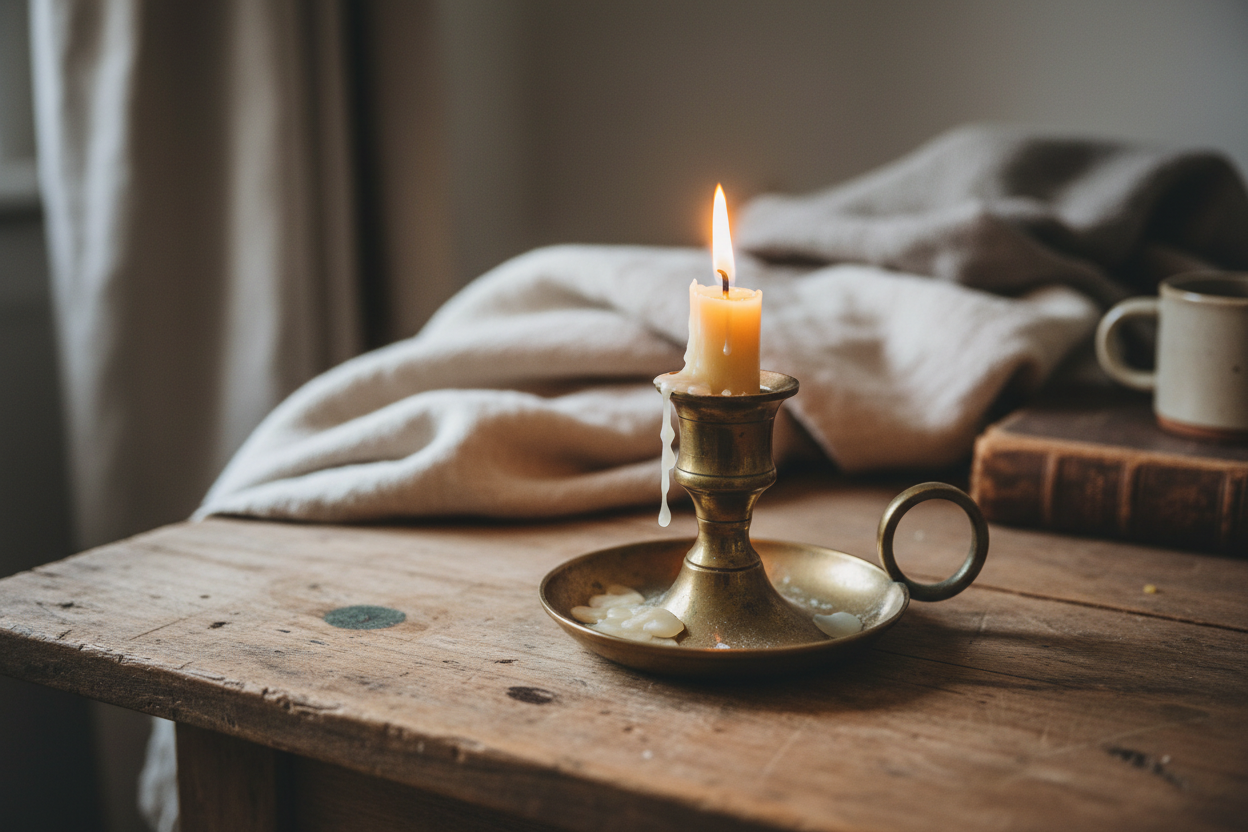 A vintage brass candle holder with gentle patina on a rustic wooden table, warm cozy lighting, neutral background, thrifted vintage aesthetic.

